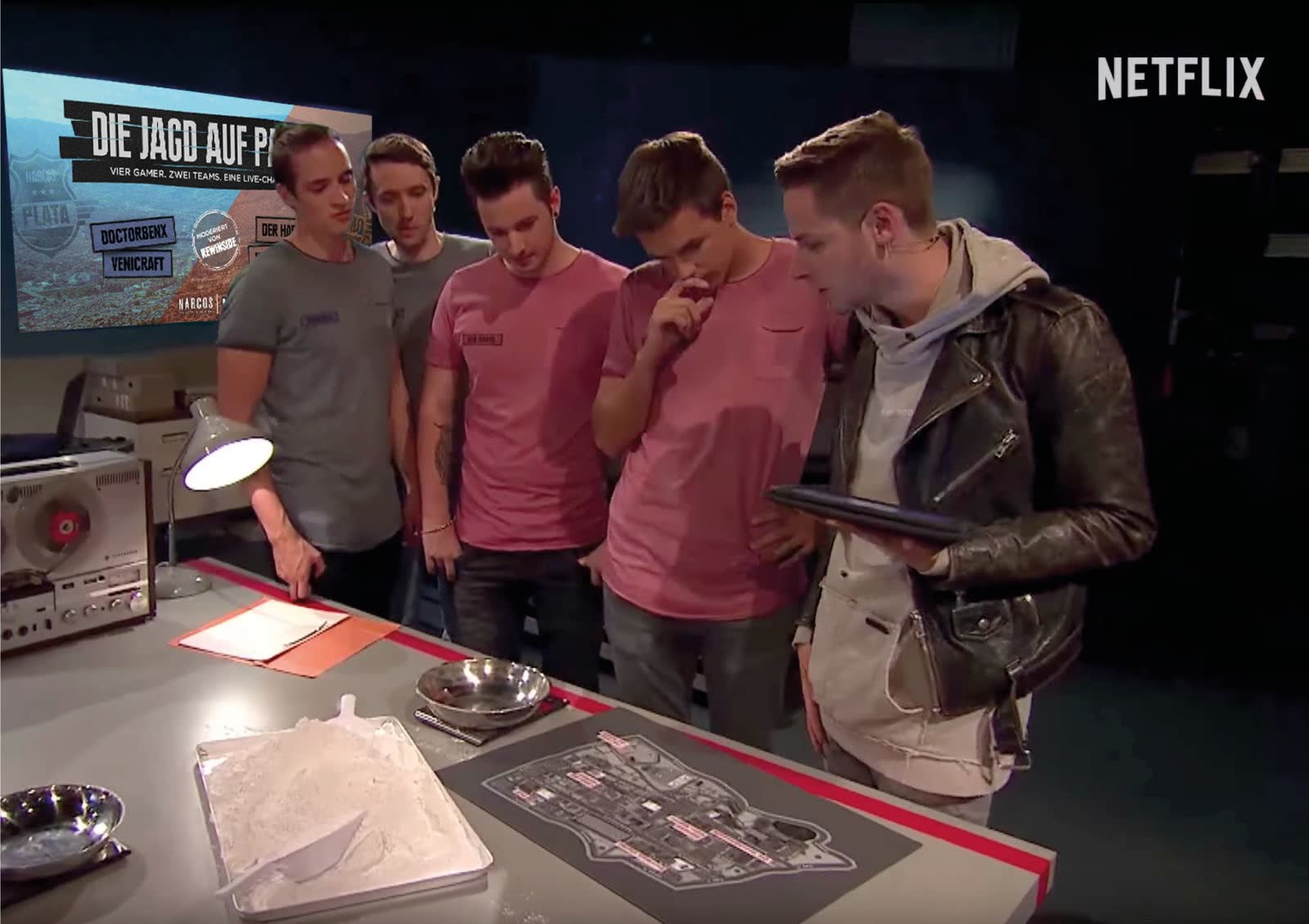 Gamers as DEA agents inspecting clues at the table
