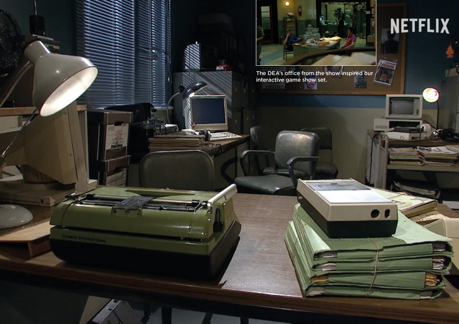 The DEA office set — typewriters, files, evidence